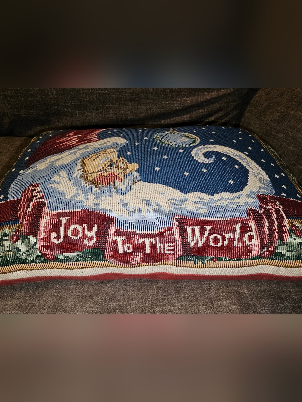 Vintage Tapestry Moon Santa Joy to the World Throw Pillow Holiday Decor 16"x10" - Picture 2 of 9